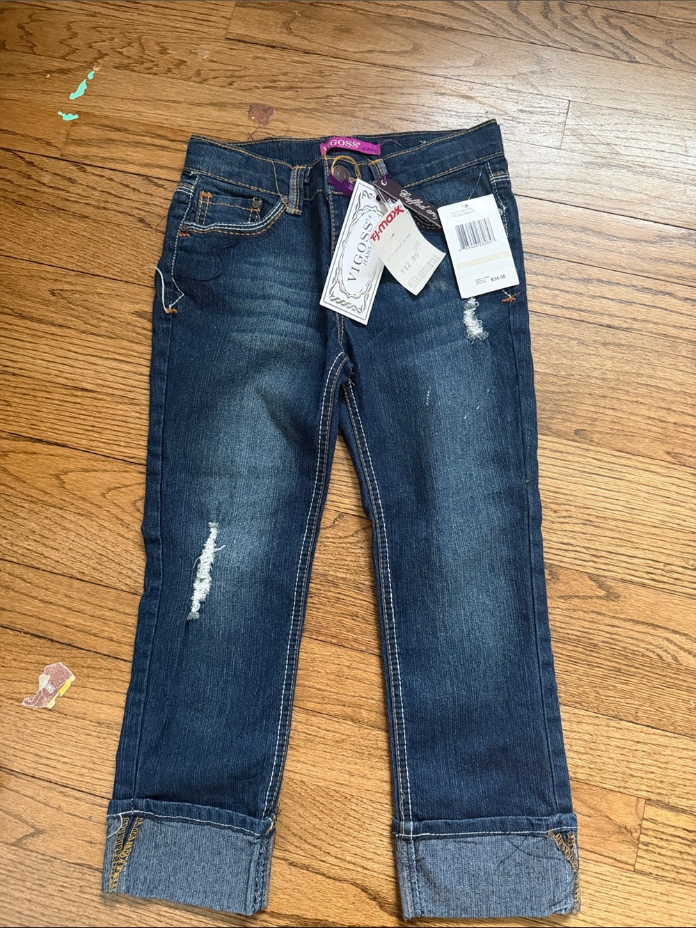 Vigoss Girl's Dark Wash Distressed Cuffed Jeans size 12